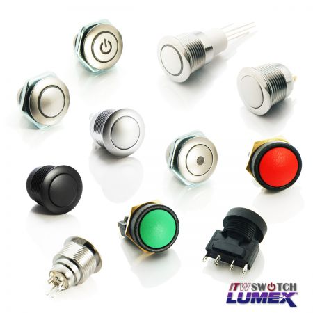 Interruptores de botão de 16mm - O botão muda deITW Lumex Switchvêm em uma variedade de designs, todos compatíveis com um recorte de painel de 16 mm.